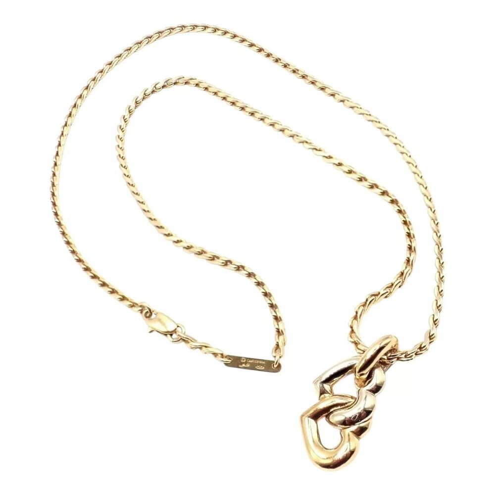 Authentic! Cartier 18k Yellow White Gold Double Heart Pendant Chain Necklace